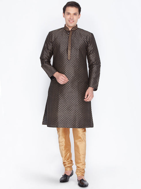VASTRAMAY Men's Black Color Cotton Silk Blend Kurta and Pyjama Set